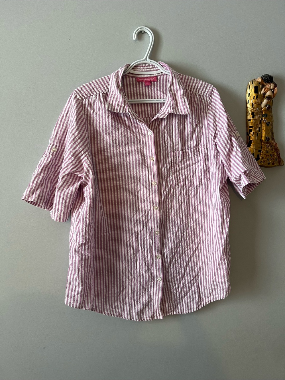 100% cotton Woman Within Pink and White Striped Button-Front Shirt size L